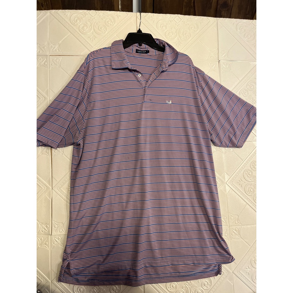 Southern Marsh Mens 2X Polo Shirt Blue Coral Pink Striped Performance Golf Top
